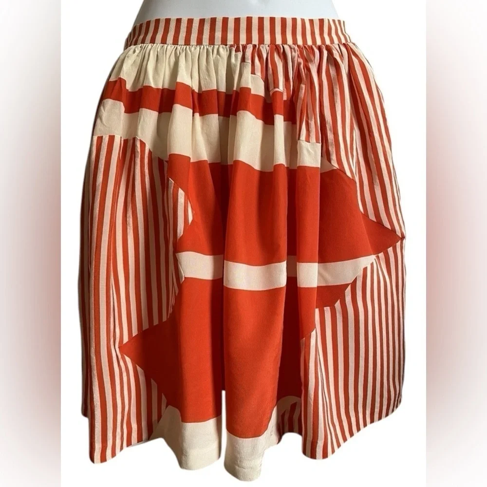 Twinkle by Wenlan Women's Size 6 A-Line Skirt Orange Cream Stripes Zip Side Silk